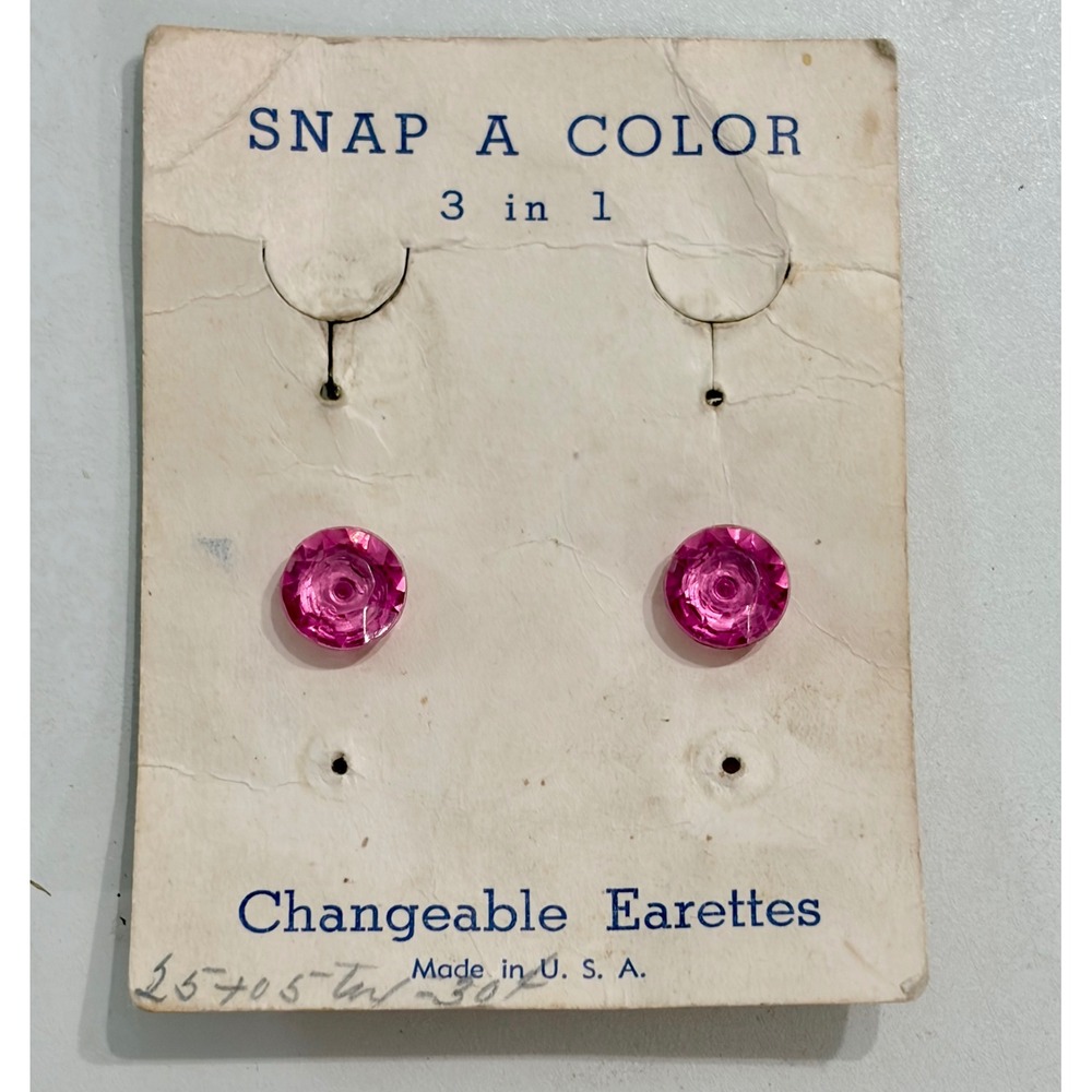 Vintage Snap A Color 3 in 1 Changeable Earettes Pink Faceted Stud Earrings USA